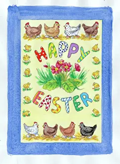 Pinks: Happy Easter with flowers and a boader of hens and chicks