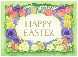 Primroses: Happy Easter with flowers and decorated eggs