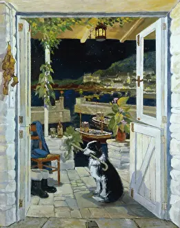 Rees: The Harbour at Night ' dog sitting by door