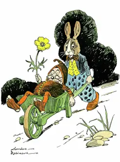 Gnome: Hare pushing gnome in a wheelbarrow