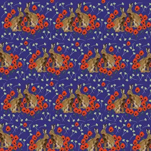 Rabbits: Hares and poppies repeating pattern design