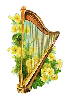 Harps: Harp with yellow flowers on a Victorian scrap