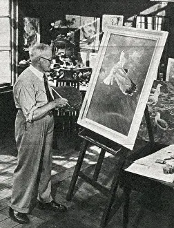 Easel: Harry Rountree, artist in his studio, St Ives, Cornwall