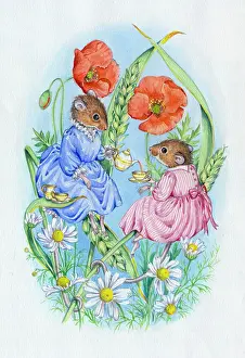 Stalks: Harvest Mice Drinking Tea - sitting on wheat
