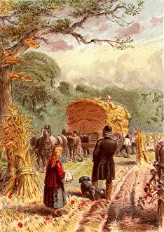 1869: Harvest time. Loading sheaves of corn onto a horse-drawn