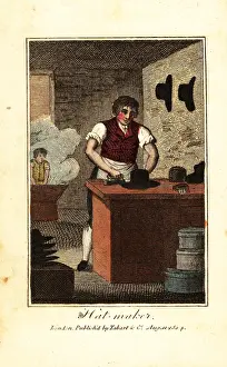 Hatbox: Hat maker ironing the brim of a hat made from beaver fur