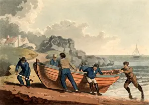 1821: Hauling a clinker-built rowing boat on shore