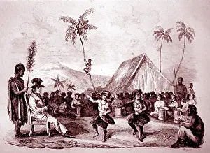 1751: Hawaiian native dancers in ceremonial feathered