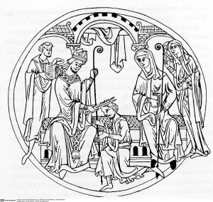 Abbess: The head of the monk Guthlac is being shaved