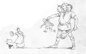 Threatens: A three headed giant holds a small boy aloft