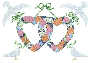 Interlocked: Two hearts of flowers with ribbons and doves