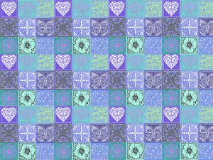 Turquoise: Hearts, shells, and flowers linocut repeating pattern