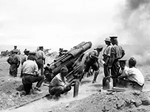 Gallipoli: Heavy artillery in action on cliff, Helles, Gallipoli, WW1