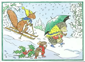 Hedgehog, mouse and skiing squirrel