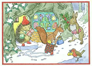 Hedgehog, squirrel, rabbit, robin with presents