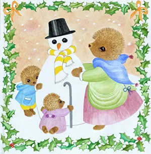 Hedgehogs: Three hedgehogs making snowman