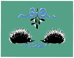 Sprig: Two hedgehogs under mistletoe