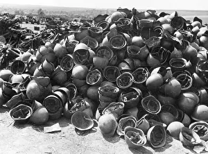 Bialystok: Helmets of captured Russian soldiers on the Eastern front, 1