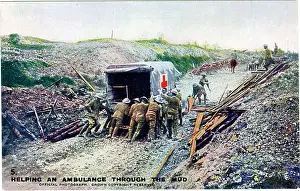 Pushing: Helping an ambulance through the mud, WW1