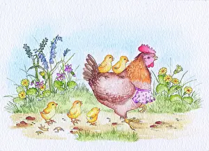 Bluebells: Hen with two chicks on her back