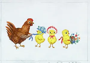 Tying: Hen and Three Chicks with Easter Bonnets