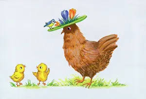 Crocus: Hen wearing Crocus Hat ? and two chicks