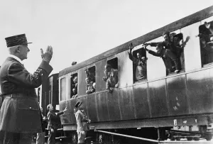 Petain: Henri Philippe Petain welcomes returning prisoners of war, 1