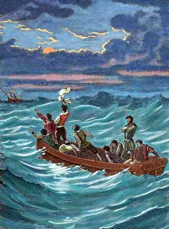Lifeboat: Henry Hudson (1565-1611) abandoned by his crew. Engraving. C
