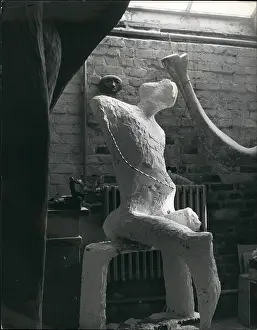 Hadham: Henry Moore sculpture, The Warrior, in his studio
