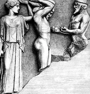 Labours: Heracles, Greek hero, receiving the Apples of