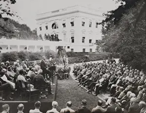 Large Group: Herbert Hoover speaking to organizations at the