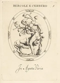 Cerberus: Hercules capturing the three-headed dog Cerberus