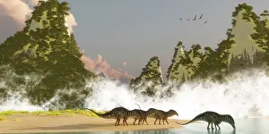 Seashore: A herd of Amargasaurus dinosaurs drinking from a lake
