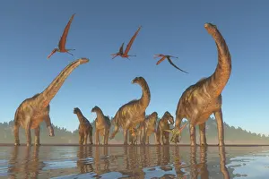 Paleogeography: Herd of Argentinosaurus and Deinocheirus dinosaurs