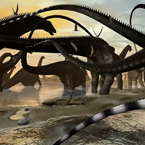 Huinculensis: A herd of Argentinosaurus marching along the side of a beach