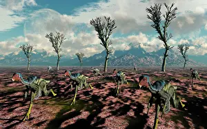 Oviraptorid: Herd of Caudipteryx displaying bird-like flocking motion