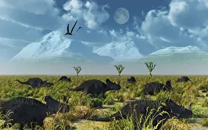 Migrating: A herd of Centrosaurus dinosaurs on the move