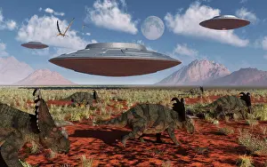 Obsolete: A herd of Centrosaurus dinosaurs walk past a group of UFO's