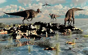 Lambeosaurinae: Herd of Corythosaurus duckbill dinosaurs grazing
