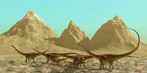 Longus: A herd of Diplodocus dinosaurs migrating across a desert