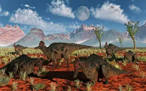 Lambeosaurinae: A herd of duckbilled Corythosaurus dinosaurs