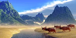 Moldova: Herd of Elasmotherium's approach a prehistoric river