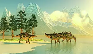 Seashore: A herd of Gigantspinosaurus dinosaurs come down