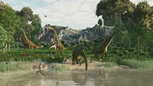 Pterodactylus: A herd of Giraffatitan brancai dinosaurs graze