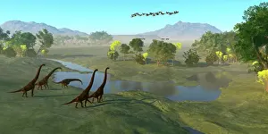 Titanosaur: a herd of Giraffatitan dinosaurs approach a river