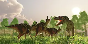 Sarcophagus: A herd of Lambeosaurus dinosaurs is confronted