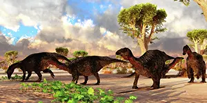 Roaming: A herd of Lurdusaurus dinosaurs eating vegetation