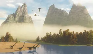 Dimorphodon: A herd of Mamenchisaurus dinosaurs grazing along a river