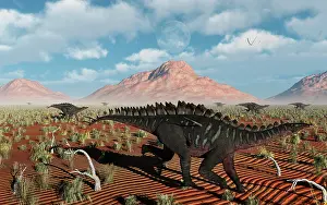 Stegosaurid: A herd of Miragaia dinosaurs migrating