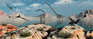 Eudimorphodon: A herd of Omeisaurus dinosaurs feeding from a freshwater ?